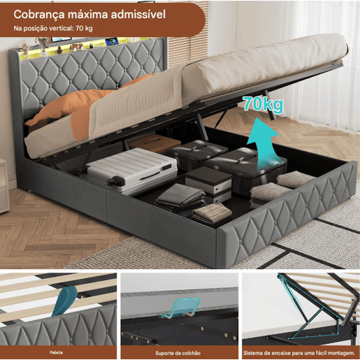 Cama estofada de 160x200 cm com baú, cama de casal em veludo cinza, cama com baú hidráulico com LED, porta de carregamento USB e Tipo-C, estrado de ripas incluído. Cama estofada de 160x200 cm com baú, cama de casal em veludo cinza, cama com baú hidráulico com LED, porta de carregamento USB e Tipo-C, estrado de ripas incluído.