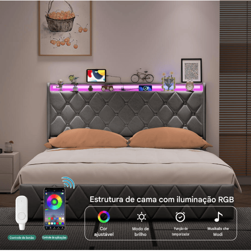 Cama estofada de 160x200 cm com baú, cama de casal em veludo cinza, cama com baú hidráulico com LED, porta de carregamento USB e Tipo-C, estrado de ripas incluído. Cama estofada de 160x200 cm com baú, cama de casal em veludo cinza, cama com baú hidráulico com LED, porta de carregamento USB e Tipo-C, estrado de ripas incluído.