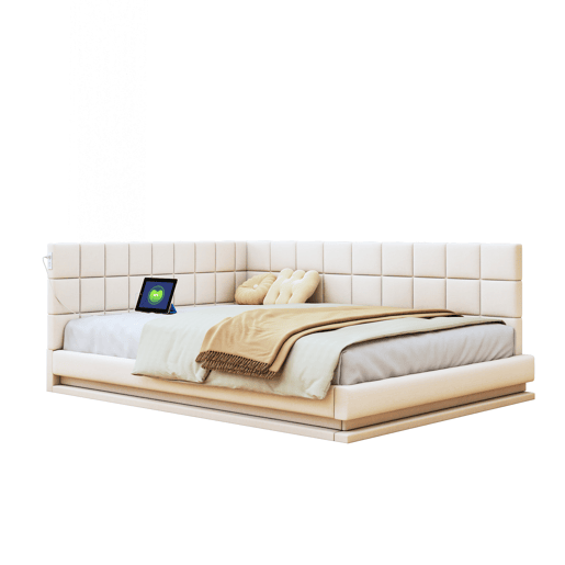 Cama de casal de linho 140x200 cm com luz led,bege