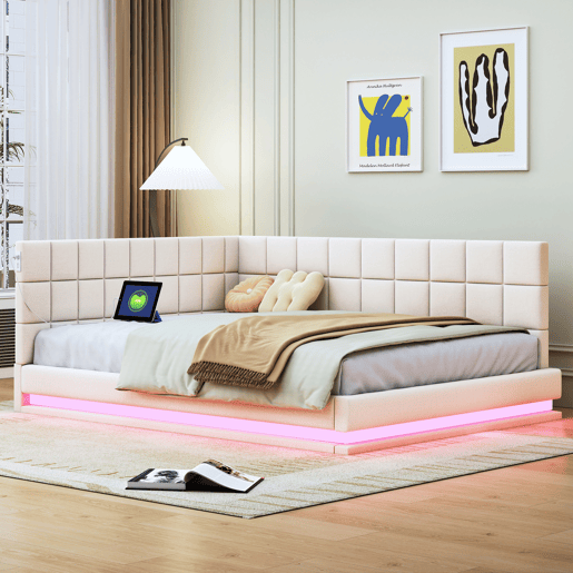 Cama de casal de linho 140x200 cm com luz led,bege