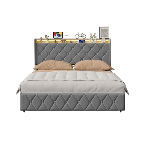 Cama estofada de 140x200 cm com baú, cama de casal em veludo cinza, cama com baú hidráulico com LED, porta de carregamento USB e Tipo-C, estrado de ripas incluído.
