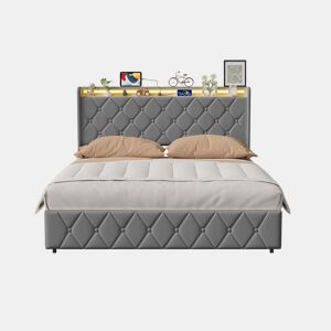Cama estofada de 140x200 cm com baú, cama de casal em veludo cinza, cama com baú hidráulico com LED, porta de carregamento USB e Tipo-C, estrado de ripas incluído.