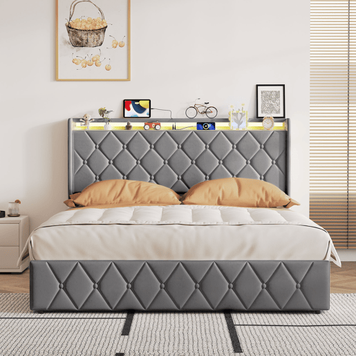 Cama estofada de 140x200 cm com baú, cama de casal em veludo cinza, cama com baú hidráulico com LED, porta de carregamento USB e Tipo-C, estrado de ripas incluído.