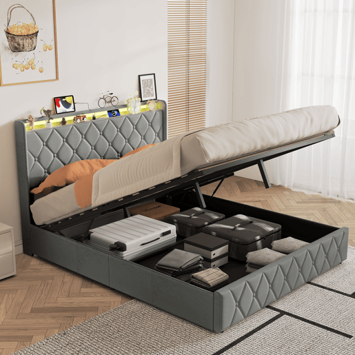Cama estofada de 140x200 cm com baú, cama de casal em veludo cinza, cama com baú hidráulico com LED, porta de carregamento USB e Tipo-C, estrado de ripas incluído.