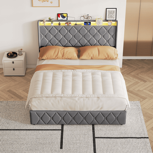 Cama estofada de 140x200 cm com baú, cama de casal em veludo cinza, cama com baú hidráulico com LED, porta de carregamento USB e Tipo-C, estrado de ripas incluído.