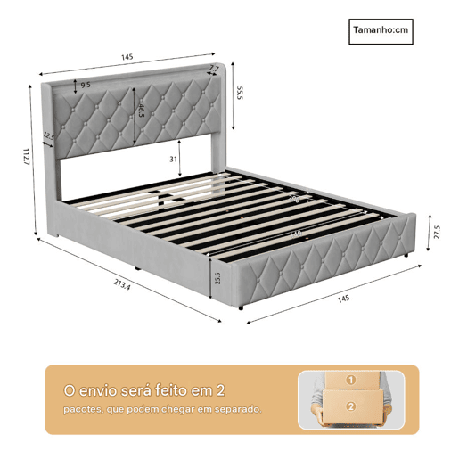 Cama estofada de 140x200 cm com baú, cama de casal em veludo cinza, cama com baú hidráulico com LED, porta de carregamento USB e Tipo-C, estrado de ripas incluído.