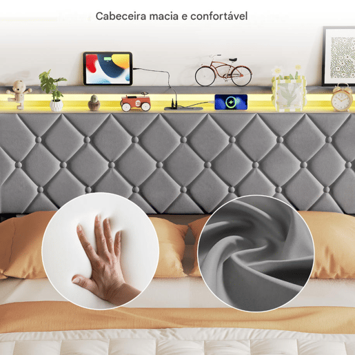 Cama estofada de 140x200 cm com baú, cama de casal em veludo cinza, cama com baú hidráulico com LED, porta de carregamento USB e Tipo-C, estrado de ripas incluído.