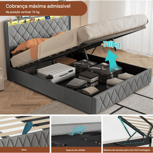 Cama estofada de 140x200 cm com baú, cama de casal em veludo cinza, cama com baú hidráulico com LED, porta de carregamento USB e Tipo-C, estrado de ripas incluído.