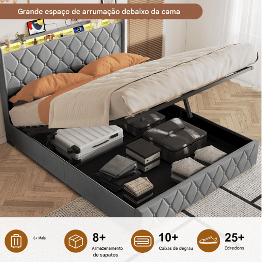 Cama estofada de 140x200 cm com baú, cama de casal em veludo cinza, cama com baú hidráulico com LED, porta de carregamento USB e Tipo-C, estrado de ripas incluído.