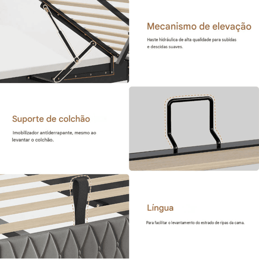 Cama estofada de 140x200 cm com baú, cama de casal em veludo cinza, cama com baú hidráulico com LED, porta de carregamento USB e Tipo-C, estrado de ripas incluído.