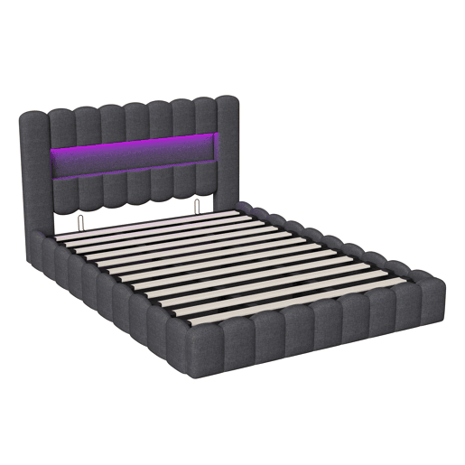 Cama estofada 180x200 cm, cama com estrado hidráulico, cama com estrado de ripas, candeeiro de leitura com porta de carregamento USB e iluminação LED, cama com baú, cama de casal, cama juvenil (cinza)