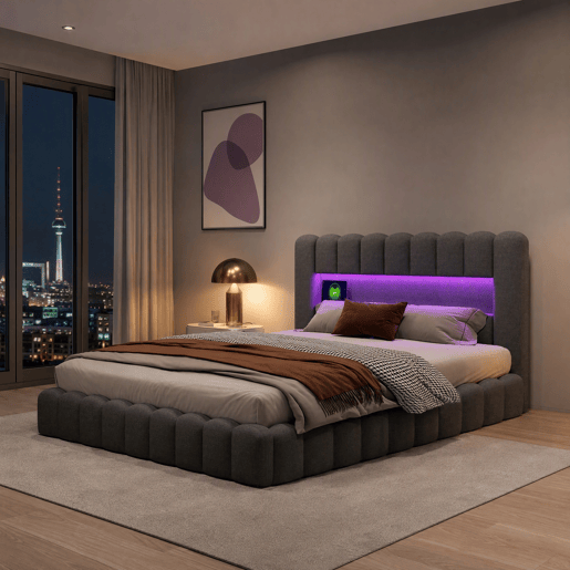 Cama estofada 180x200 cm, cama com estrado hidráulico, cama com estrado de ripas, candeeiro de leitura com porta de carregamento USB e iluminação LED, cama com baú, cama de casal, cama juvenil (cinza)