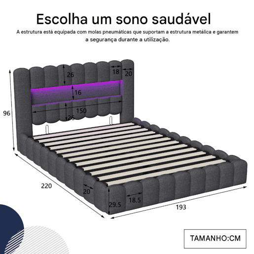 Cama estofada 180x200 cm, cama com estrado hidráulico, cama com estrado de ripas, candeeiro de leitura com porta de carregamento USB e iluminação LED, cama com baú, cama de casal, cama juvenil (cinza)