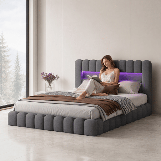 Cama estofada 180x200 cm, cama com estrado hidráulico, cama com estrado de ripas, candeeiro de leitura com porta de carregamento USB e iluminação LED, cama com baú, cama de casal, cama juvenil (cinza)