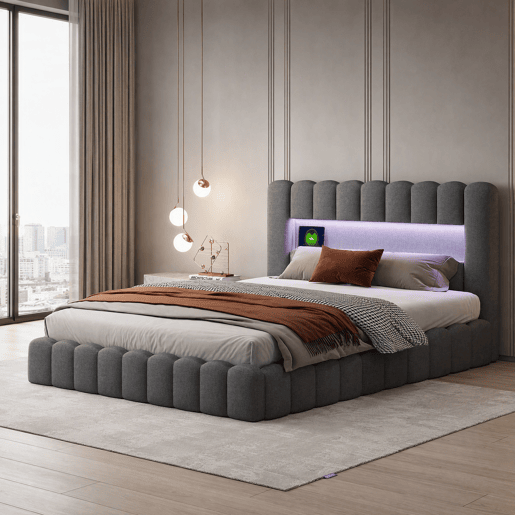 Cama estofada 180x200 cm, cama com estrado hidráulico, cama com estrado de ripas, candeeiro de leitura com porta de carregamento USB e iluminação LED, cama com baú, cama de casal, cama juvenil (cinza)