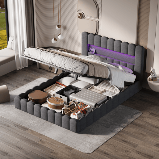 Cama estofada 180x200 cm, cama com estrado hidráulico, cama com estrado de ripas, candeeiro de leitura com porta de carregamento USB e iluminação LED, cama com baú, cama de casal, cama juvenil (cinza)