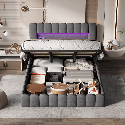 Cama estofada 180x200 cm, cama com estrado hidráulico, cama com estrado de ripas, candeeiro de leitura com porta de carregamento USB e iluminação LED, cama com baú, cama de casal, cama juvenil (cinza)
