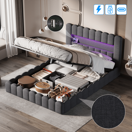 Cama estofada 180x200 cm, cama com estrado hidráulico, cama com estrado de ripas, candeeiro de leitura com porta de carregamento USB e iluminação LED, cama com baú, cama de casal, cama juvenil (cinza)