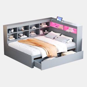 Cama de casal de madeira maciça 140x200 cm com luz led,cinza
