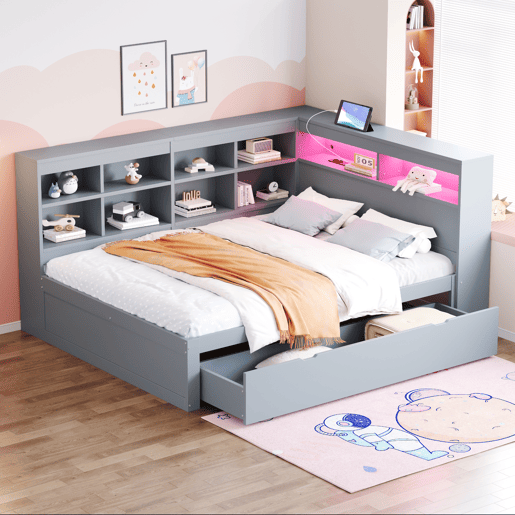 Cama de casal de madeira maciça 140x200 cm com luz led,cinza