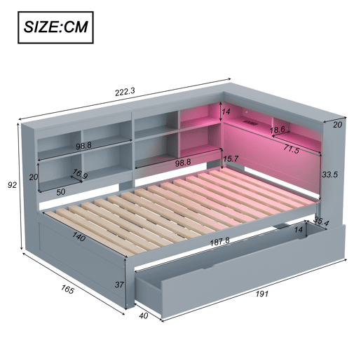 Cama de casal de madeira maciça 140x200 cm com luz led,cinza