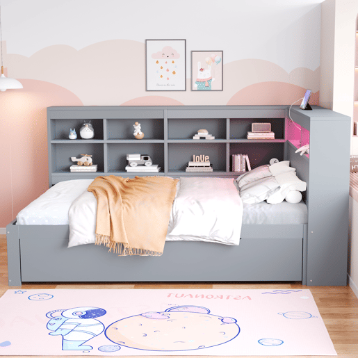 Cama de casal de madeira maciça 140x200 cm com luz led,cinza