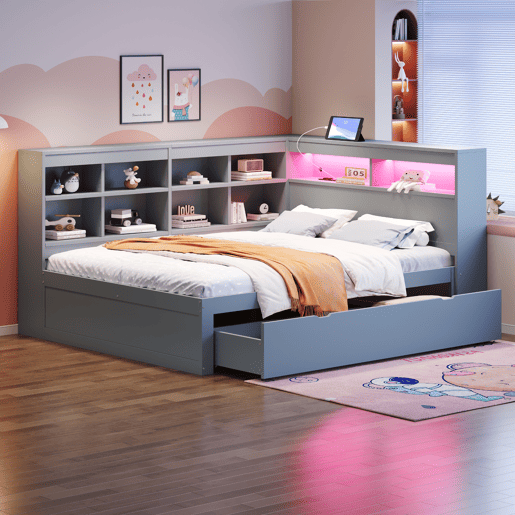 Cama de casal de madeira maciça 140x200 cm com luz led,cinza