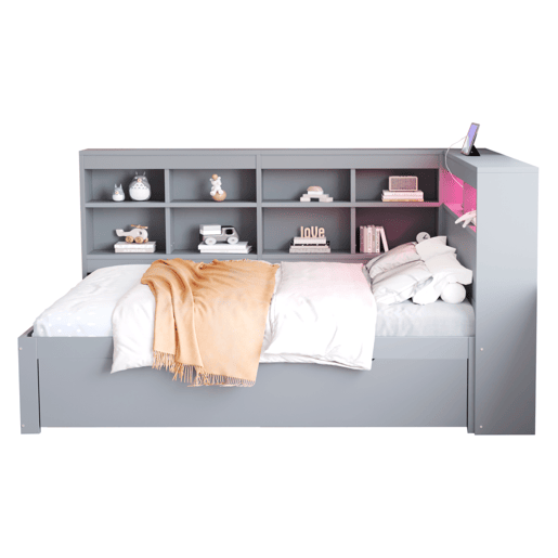 Cama de casal de madeira maciça 140x200 cm com luz led,cinza