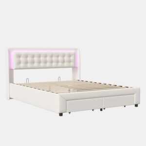 Cama 140x190cm, USB, LED, cama de casal, cama funcional, cama com arrumação, cama de madeira, veludo, bege