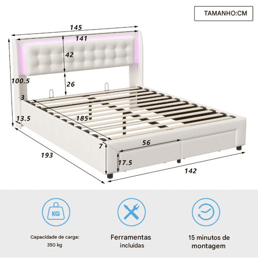 Cama 140x190cm, USB, LED, cama de casal, cama funcional, cama com arrumação, cama de madeira, veludo, bege Cama 140x190cm, USB, LED, cama de casal, cama funcional, cama com arrumação, cama de madeira, veludo, bege