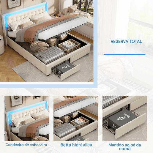 Cama 140x190cm, USB, LED, cama de casal, cama funcional, cama com arrumação, cama de madeira, veludo, bege Cama 140x190cm, USB, LED, cama de casal, cama funcional, cama com arrumação, cama de madeira, veludo, bege