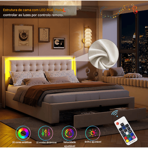 Cama 140x190cm, USB, LED, cama de casal, cama funcional, cama com arrumação, cama de madeira, veludo, bege Cama 140x190cm, USB, LED, cama de casal, cama funcional, cama com arrumação, cama de madeira, veludo, bege