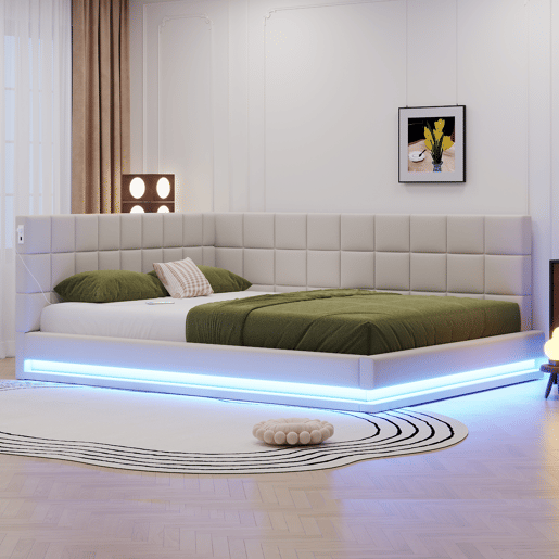 Cama de casal de linho 160x200 cm com luz led,bege Cama de casal de linho 160x200 cm com luz led,bege