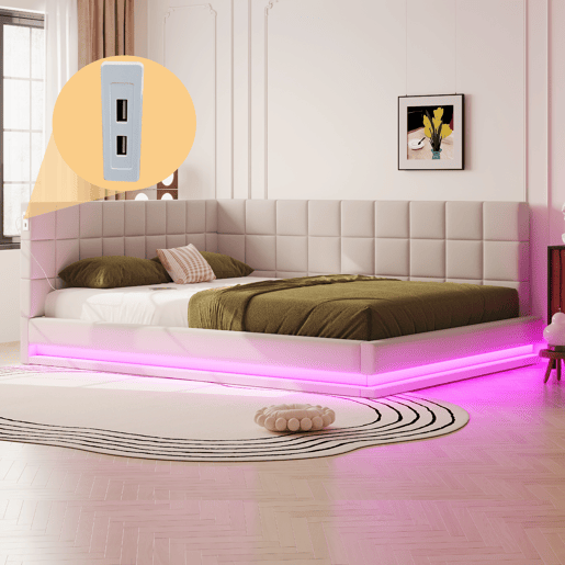 Cama de casal de linho 160x200 cm com luz led,bege Cama de casal de linho 160x200 cm com luz led,bege