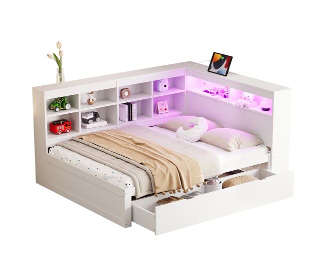 Cama de matrimonio de madera maciza 140x200 cm con luz led,blanco