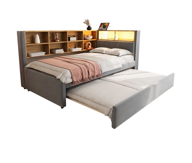 Cama nido de tela 90x200 cm con luz led,gris oscuro