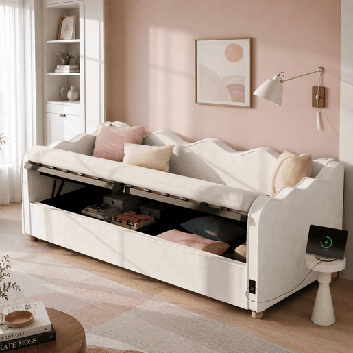 Sofá-cama individual 90x200 cm de veludo com armazenamento,bege Sofá-cama individual 90x200 cm de veludo com armazenamento,bege