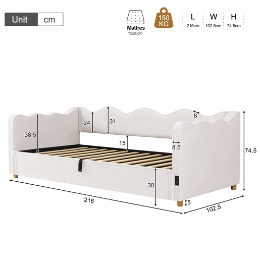 Sofá-cama individual 90x200 cm de veludo com armazenamento,bege Sofá-cama individual 90x200 cm de veludo com armazenamento,bege