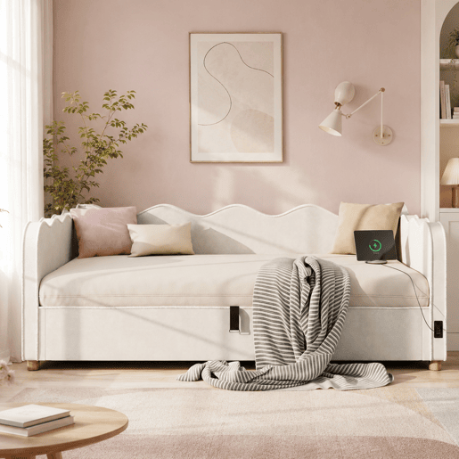 Sofá-cama individual 90x200 cm de veludo com armazenamento,bege Sofá-cama individual 90x200 cm de veludo com armazenamento,bege