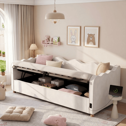 Sofá-cama individual 90x200 cm de veludo com armazenamento,bege Sofá-cama individual 90x200 cm de veludo com armazenamento,bege