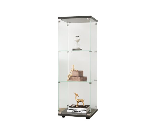 Vitrina de tres niveles, de alto brillo, con estantes, tipo librería, color negro