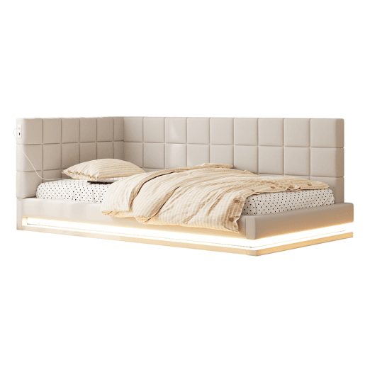 Cama de solteiro de linho 90x200 cm com luz led,bege Cama de solteiro de linho 90x200 cm com luz led,bege