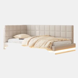 Cama de solteiro de linho 90x200 cm com luz led,bege