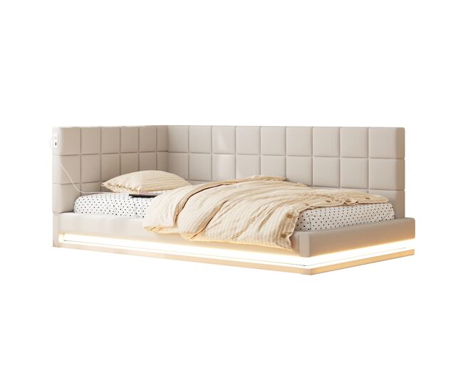 Cama individual de lino 90x200 cm con luz led,beige