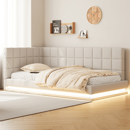 Cama de solteiro de linho 90x200 cm com luz led,bege Cama de solteiro de linho 90x200 cm com luz led,bege