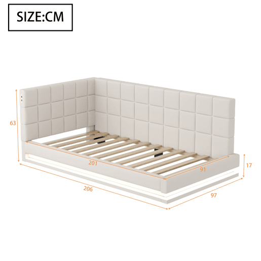 Cama de solteiro de linho 90x200 cm com luz led,bege Cama de solteiro de linho 90x200 cm com luz led,bege