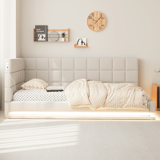 Cama de solteiro de linho 90x200 cm com luz led,bege Cama de solteiro de linho 90x200 cm com luz led,bege