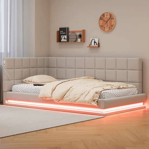 Cama de solteiro de linho 90x200 cm com luz led,bege Cama de solteiro de linho 90x200 cm com luz led,bege