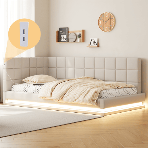 Cama de solteiro de linho 90x200 cm com luz led,bege Cama de solteiro de linho 90x200 cm com luz led,bege