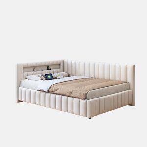 Cama de casal de veludo 140x200 cm com luz led,bege